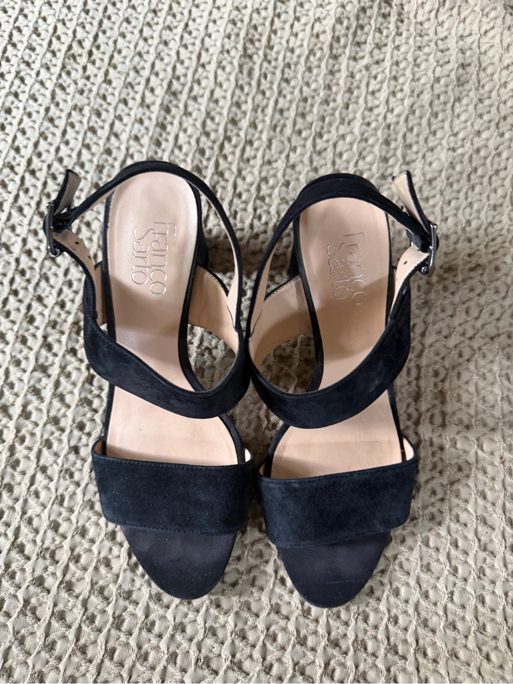 Franco Sarto Black Suede Open-Toe Ankle Strap Heels